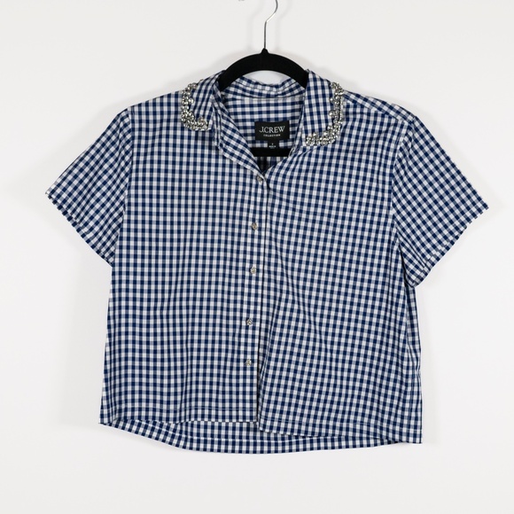 NEW J. Crew Collection Embellished Cotton Poplin Cropped Button-Up Shirt Gingham - Picture 1 of 4